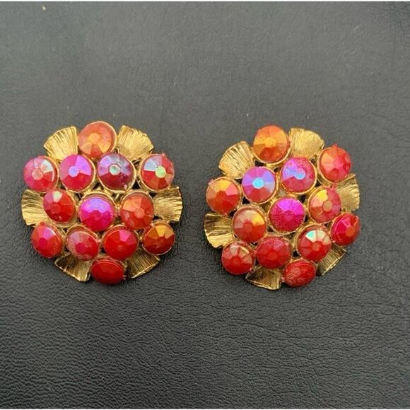 Vintage Gold Tone And Pink AB Coated Rhinestone Clip On Earrings - Picture 1 of 4
